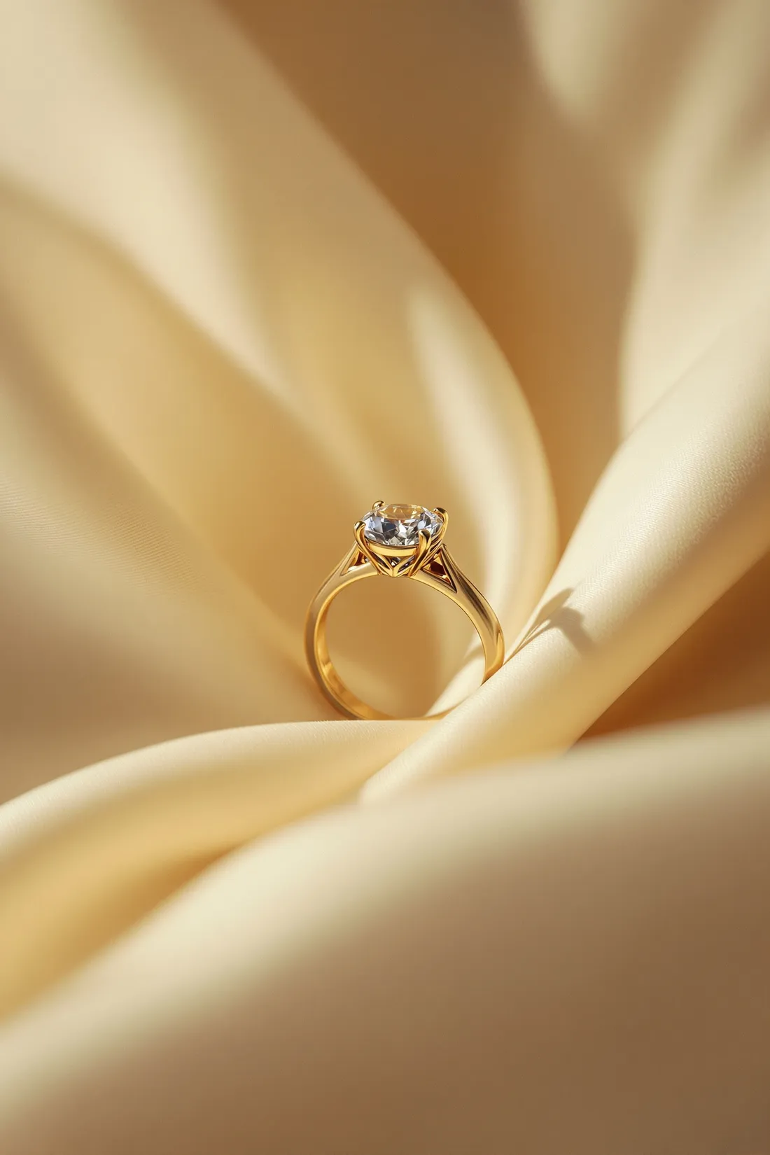 A gold solitaire engagement ring standing in a fold of ivory linen