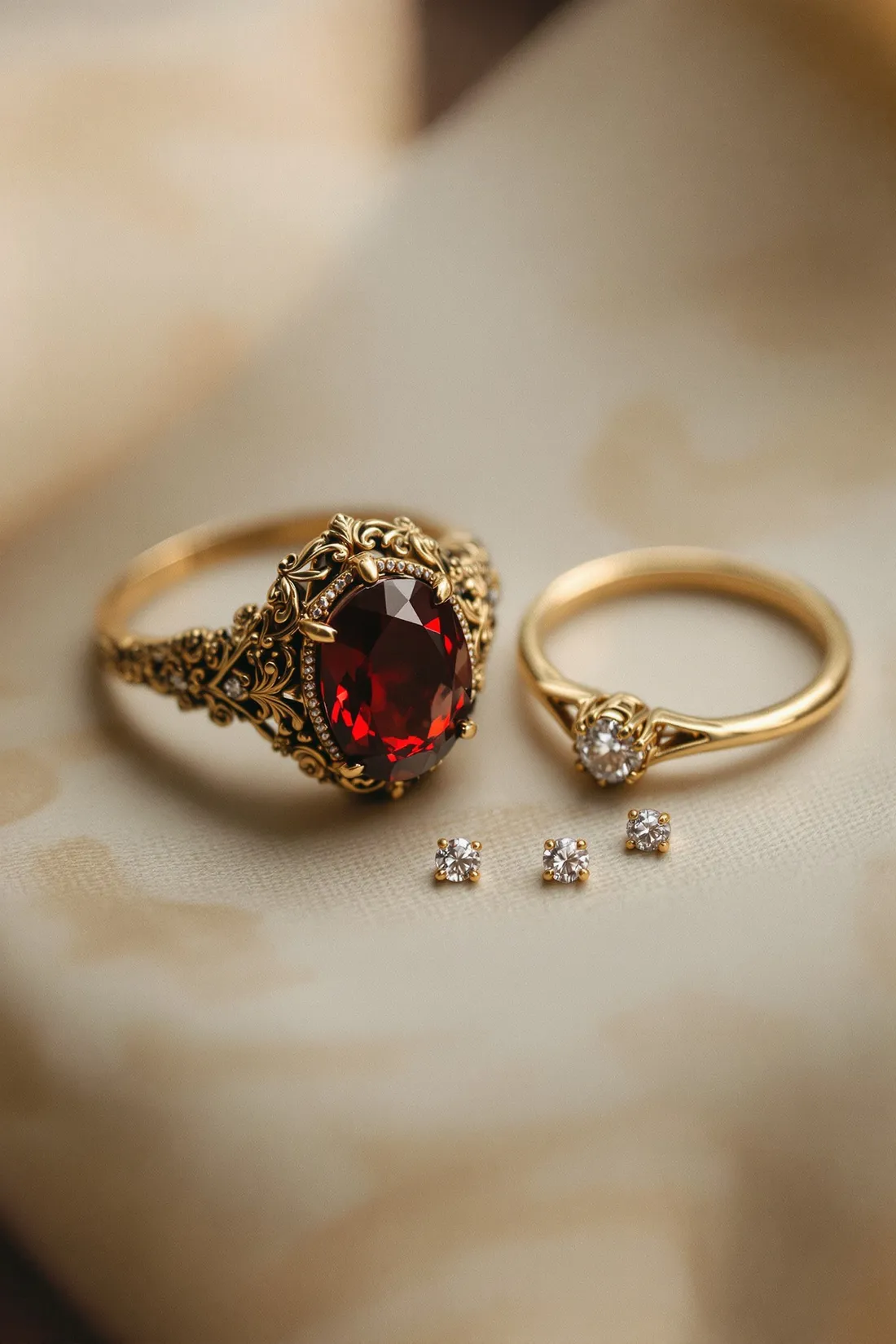 An antique ring and loose old-cut diamonds beside the modern ring they became